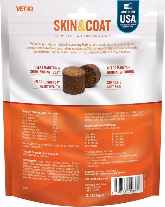 VetIQ Skin and Coat Supplement for Dogs, Helps Maintain Healthy Skin and Shiny Coat, Hickory Smoke Flavor Dog Chew, Made in The USA, 60 Count
