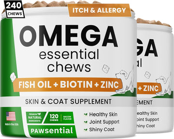 Omega 3 for Dogs - for Dry Itchy Skin - Fish Oil Chews - Skin & Coat Supplement - Itch Relief, Allergy, Anti Shedding, Hot Spots Treatment - w/EPA & DHA - Vitamins - Made in USA - Bacon - 240 Treats