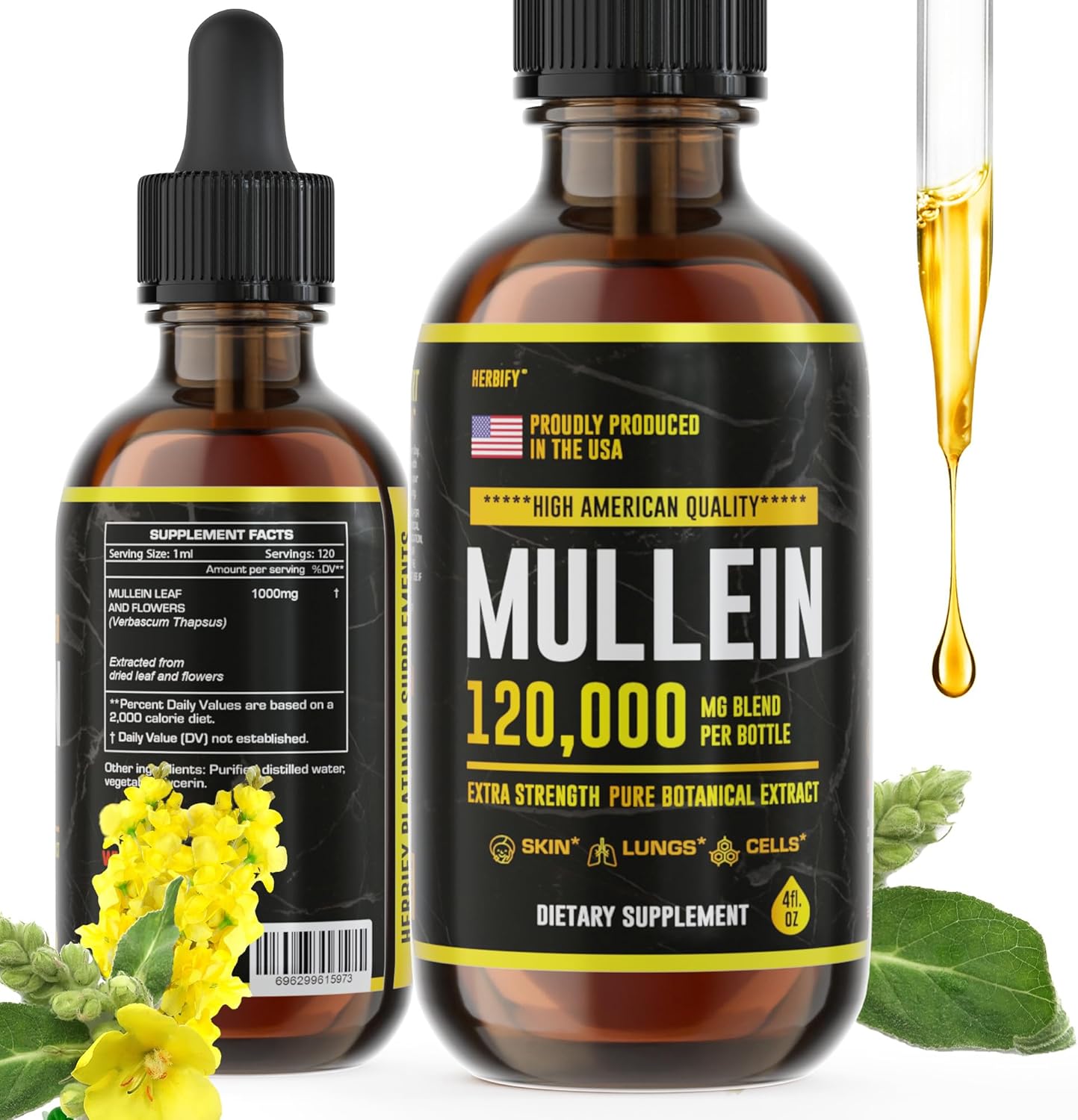 Herbify Mullein Drops - Lung Cleanse - Leaf Extract - Powerful Mullein For Immune Support,Detox & Respiratory Support - Made In Usa - Herbal Supplements - 4 Oz