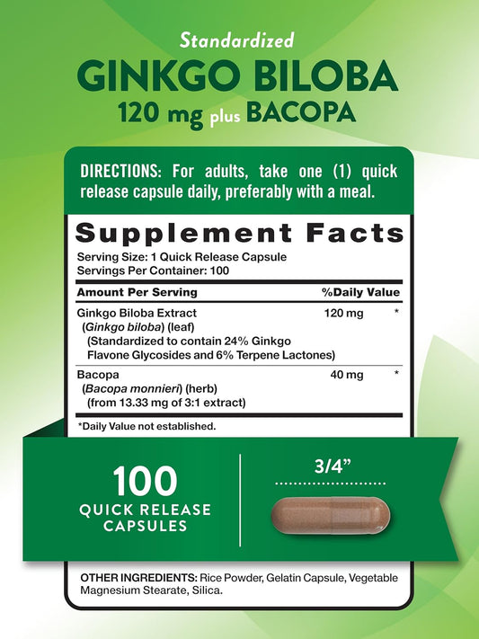 Ginkgo Biloba 120Mg | Plus Bacopa | 100 Quick Release Capsules | Standardized Extract | Non-Gmo And Gluten Free Supplement | By Nature'S Truth