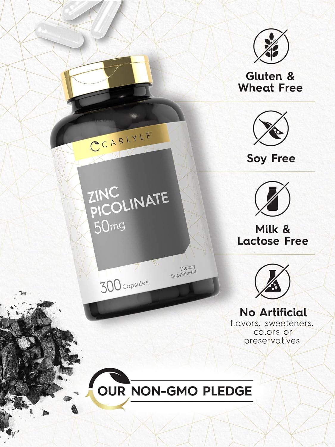 Zinc Picolinate 50mg | 300 Capsules | Value Size | Non-GMO and Gluten 
