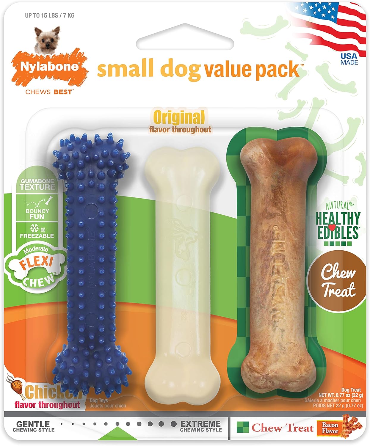 Nylabone Flexi Chew Moderate Dog Chew Toy Bones & Healthy Edibles Chew Treat Triple Pack, Chicken & Bacon, X-Small/Petite (3 Count)