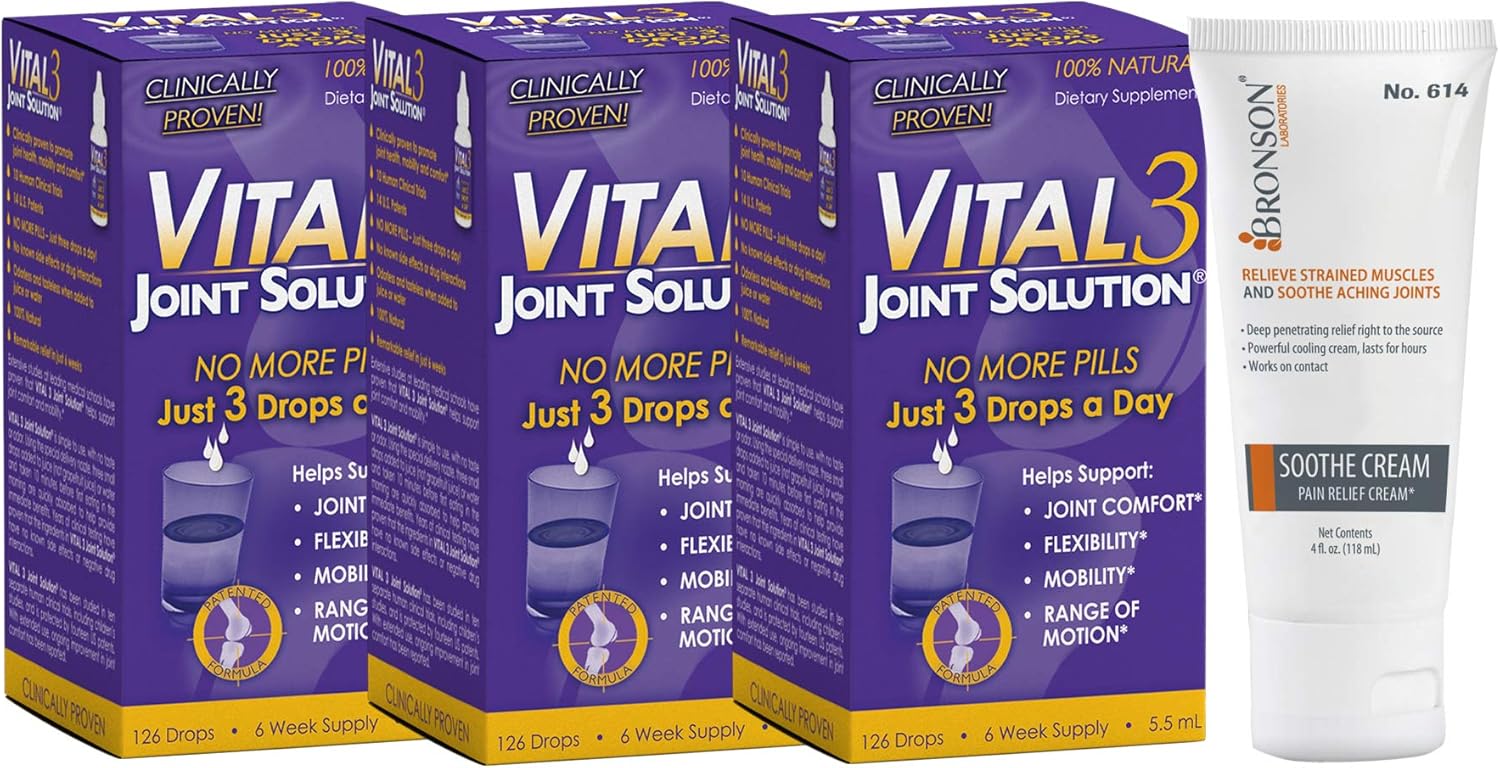 Vital 3 Joint Solution Clinically Proven Joint Supplement 3 Bottles + Ultra Strength Pain Relieving Soothe Cream 2 Oz