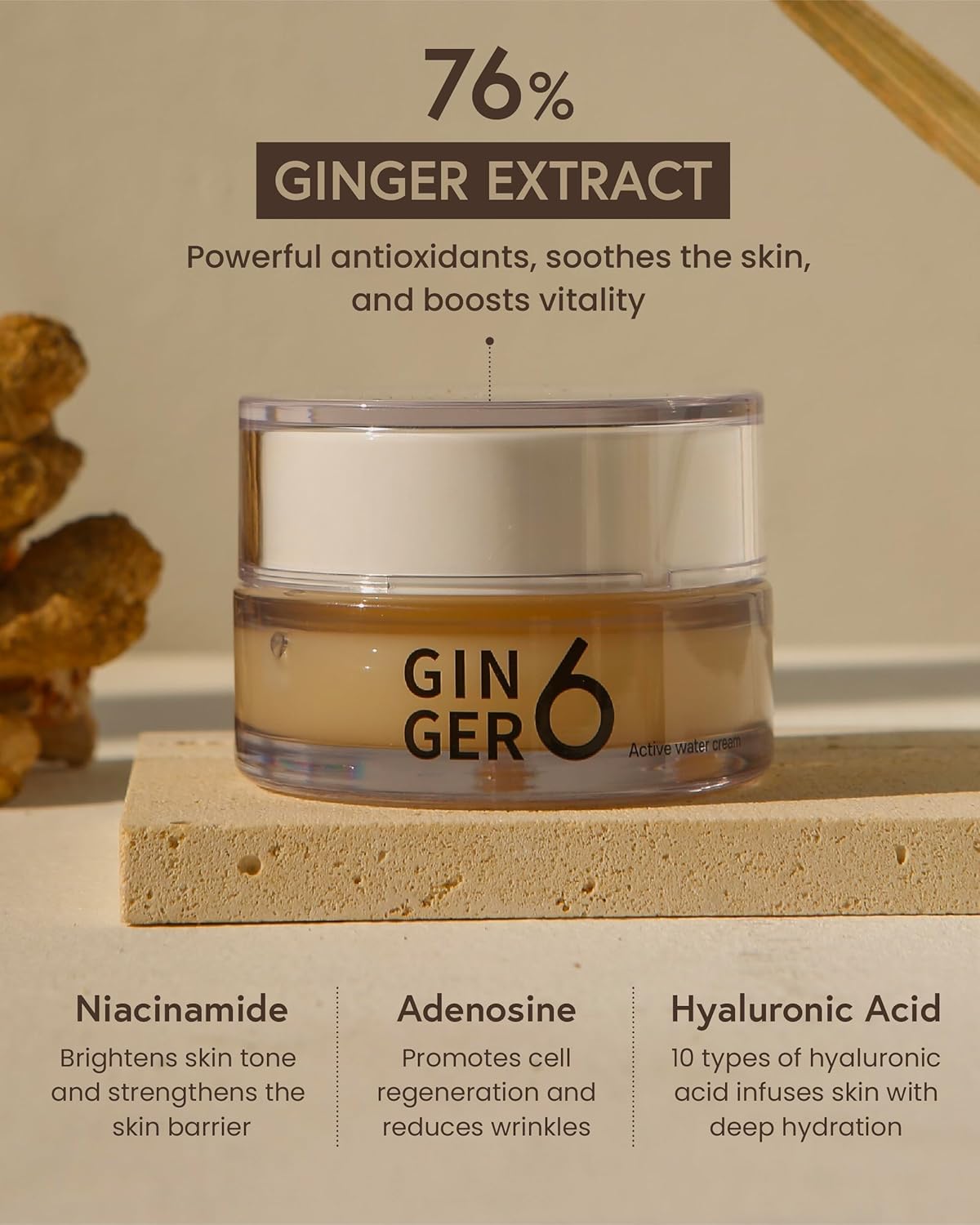 Ginger 6 Active Water Cream For Face, 1.69Fl. Oz. - Lightweight Hydrating Gel Moisturizer, Oil-Free Water Cream With 76% Ginger Water Extract, 10 Hyaluronic Acids, And Peptides For Glass Skin