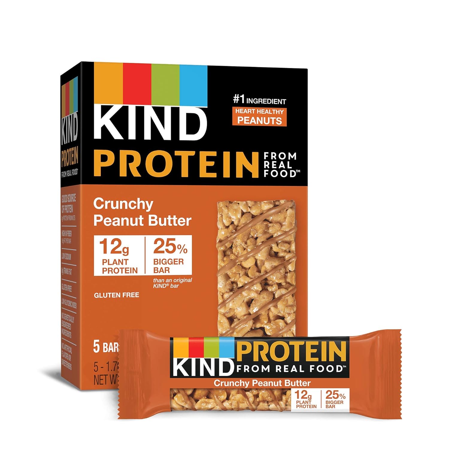 Kind Protein Healthy Snack Bar, Crunchy Peanut Butter, 12G Plant Protein, Gluten Free Protein Bars, 1.76 Oz, (30 Count)