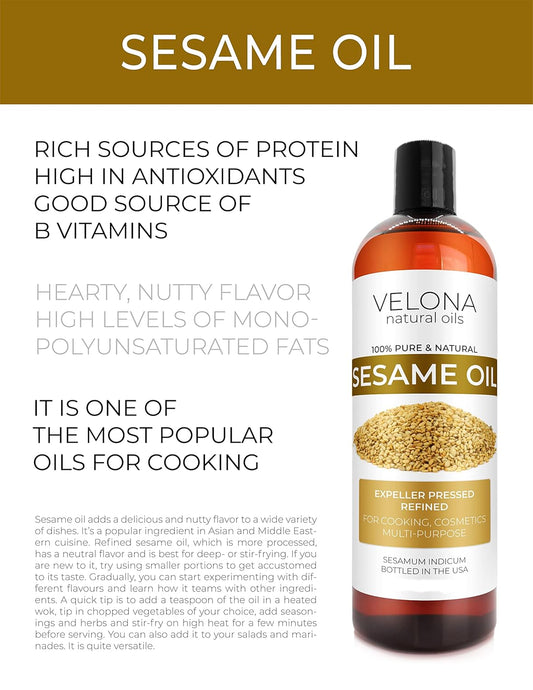 velona Sesame Seed Oil 16 oz | 100% Pure and Natural Carrier Oil | Refined, Expeller Pressed | Cooking, Skin, Hair, Body & Face Moisturizing | Use Today - Enjoy Results