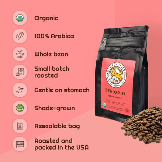 Ethiopia Yirgacheffe - Usda Organic - Whole Bean Coffee - Medium Roast - 100% Arabica Beans - Fair Trade - Shade-Grown -12 Oz