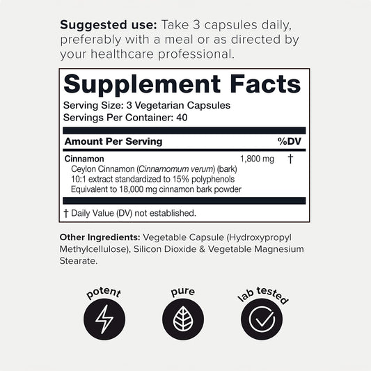 Toniiq 18,000Mg 10X Concentrated Ultra High Strength Extract - 15% Polyphenols - Highly Purified And Bioavailable Ceylon Cinnamon Capsules - 120 Veggie Capsules