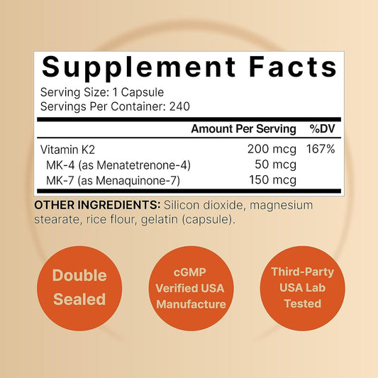 NatureBell Full Spectrum Vitamin K2 Supplement with MK-7 & MK-4, 200 mcg, 240 Capsules | 2 in 1 Formula, K Vitamins Complex – Supports Bone, Joint, and Heart Health – Non-GMO