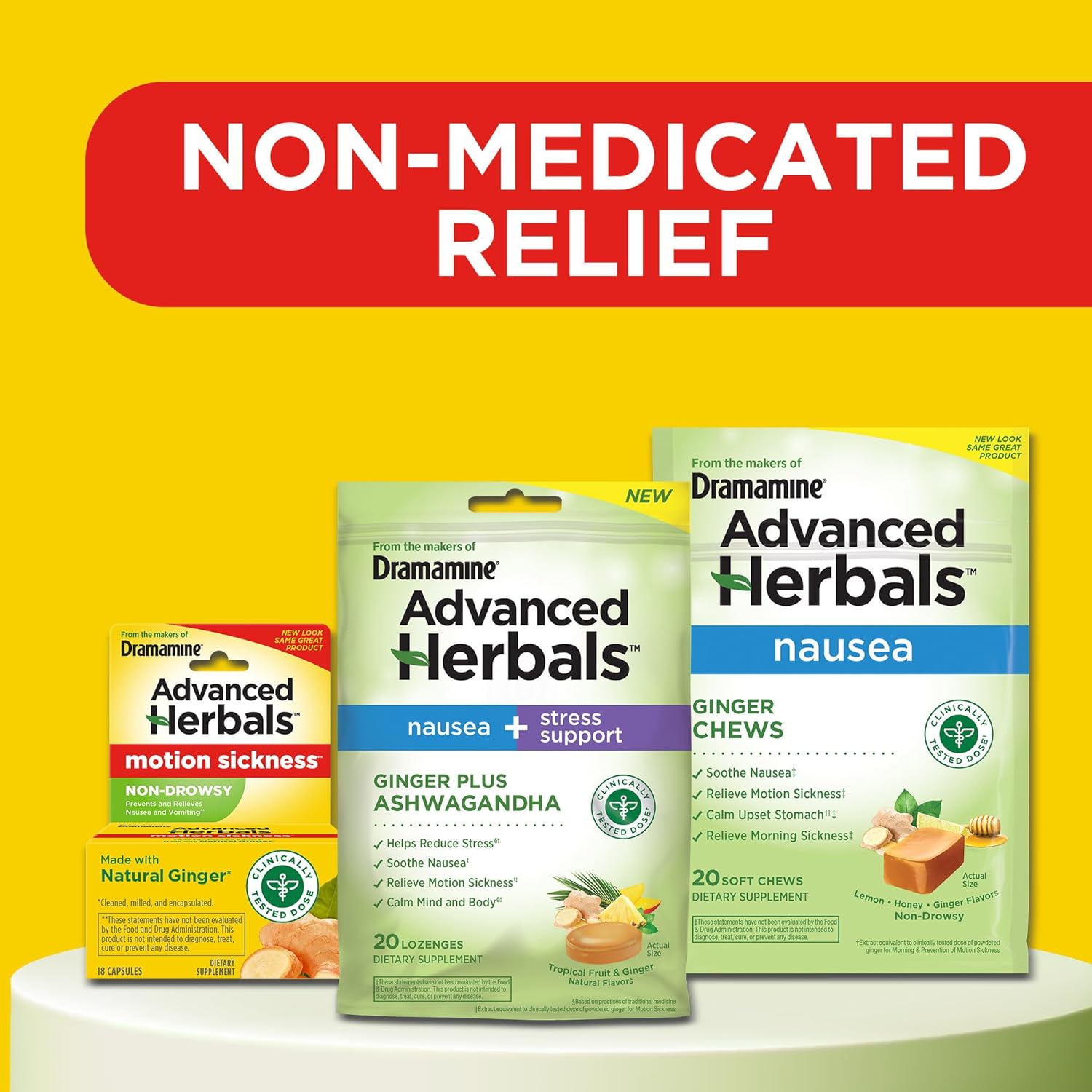 From the Makers of Dramamine, Advanced Herbals, Non-Drowsy, Motion Sickness Relief, Made with Natural Ginger, 18 Count, 2 Pack : Health & Household