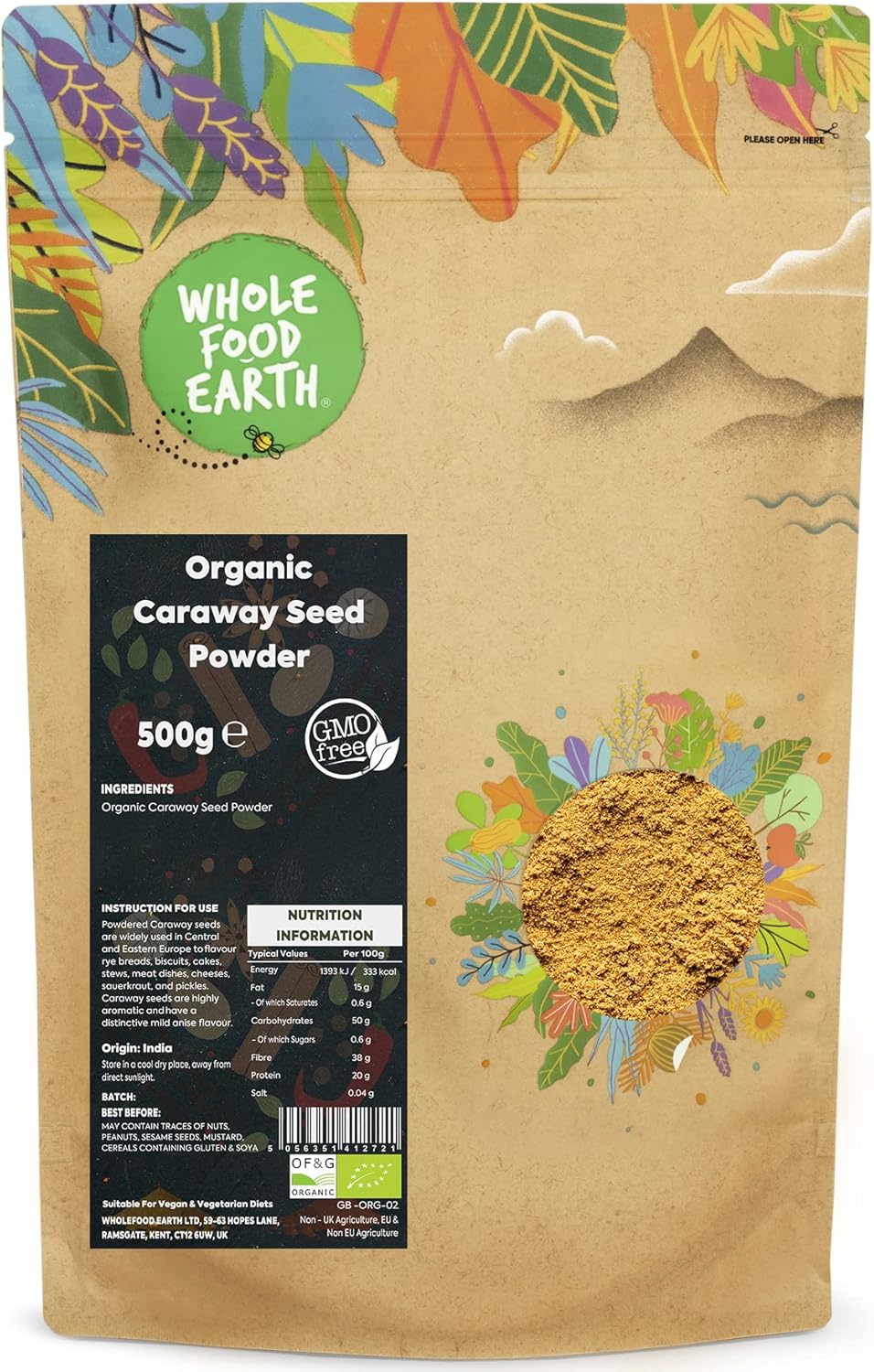 Wholefood Earth Organic Caraway Seed Powder 500 G | Gmo Free | Certified Organic