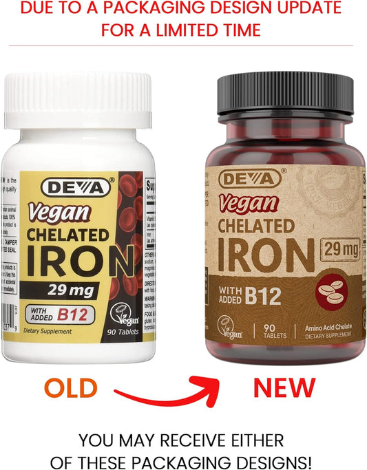 DEVA Vegan Chelated Iron with added Vitamin B-12, Dietary Supplement, 29 mg, 90 Count