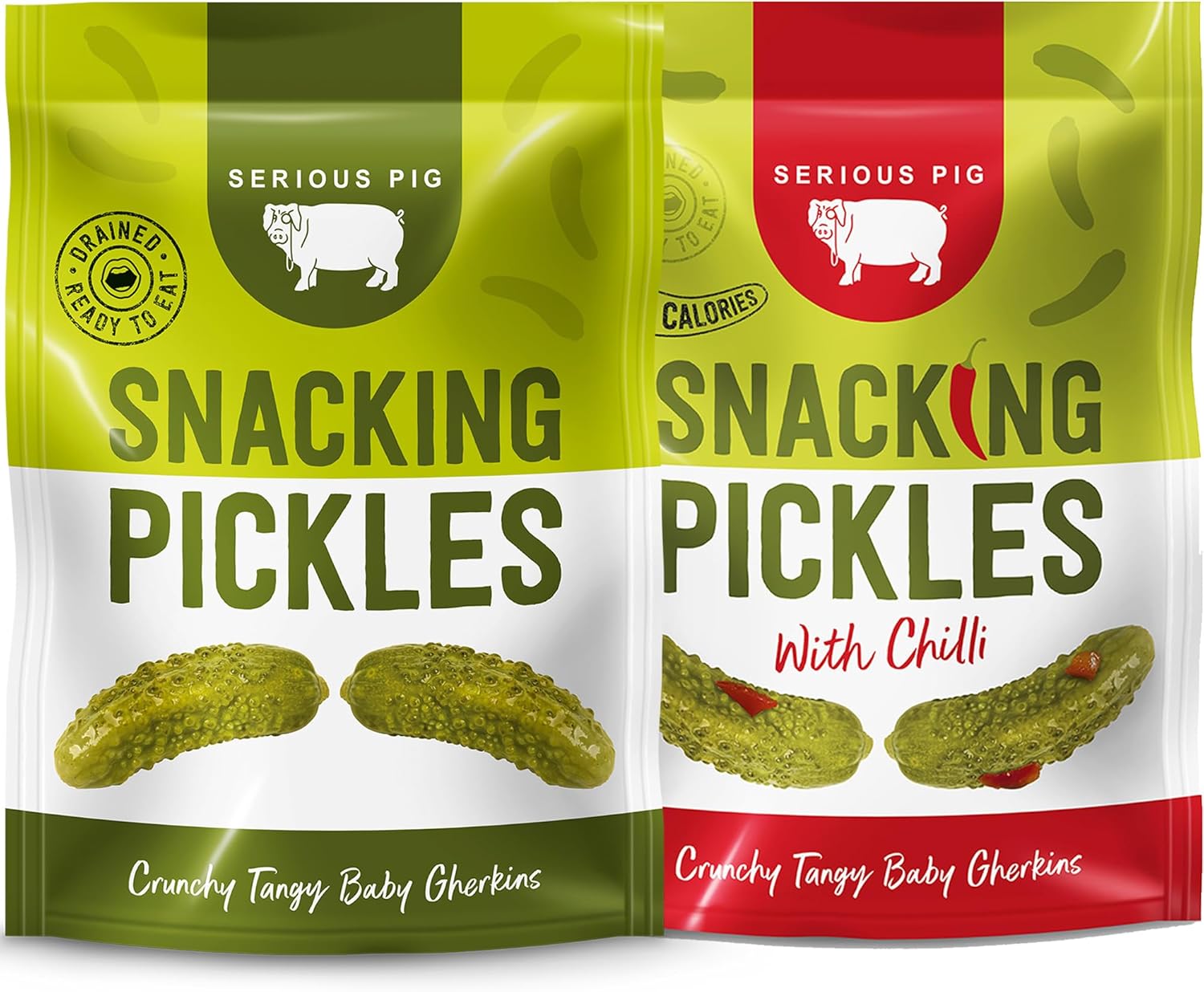 Serious Pig - Chilli Pickled Snacking Gherkins In A Pouch, Crunchy Snacks With Red Chilli, Dill And Garlic, Low Carb, Low Calorie, Drained And Ready To Eat (12 X 40G)