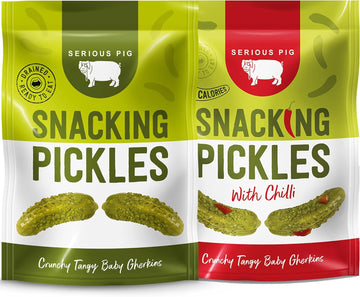 Serious Pig Snacking Pickles Selection Box, Crunchy Baby Gherkins Chilli And Original Flavours, Healthy Snacks (4X 40G)