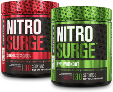 Jacked Factory Nitrosurge Pre-Workout In Black Cherry & Black Cherry Nitrosurge Shred Thermogenic Pre-Workout For Men & Women