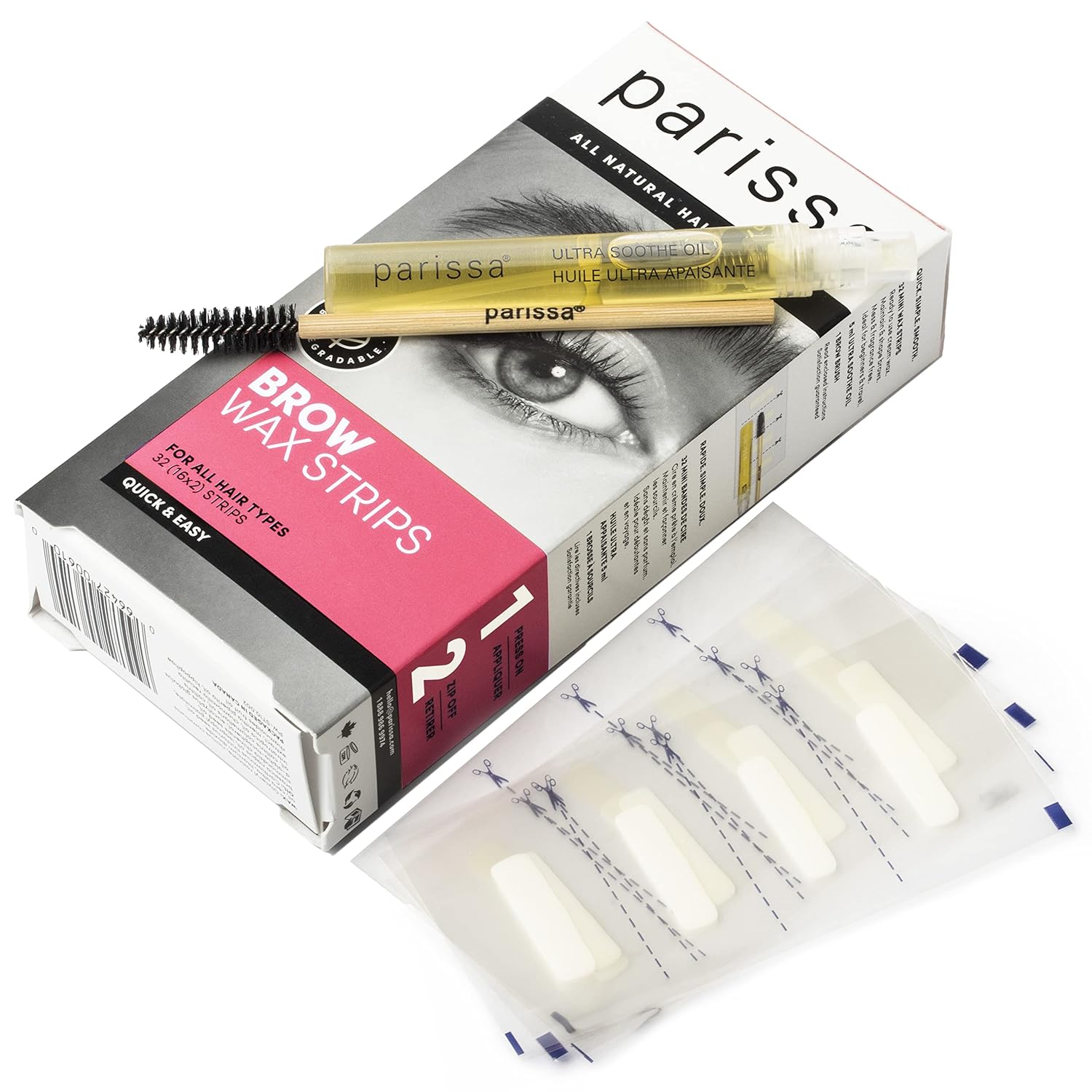Parissa Eyebrow Wax Strips | Biodegradable & Fragrance-Free | Ready-To-Use Hair Removal Kit For At-Home Brow Waxing, Gentle On Sensitive Skin With Post-Wax Ultra Soothe Oil | 32 Strips (16 X 2) : Beauty & Personal Care