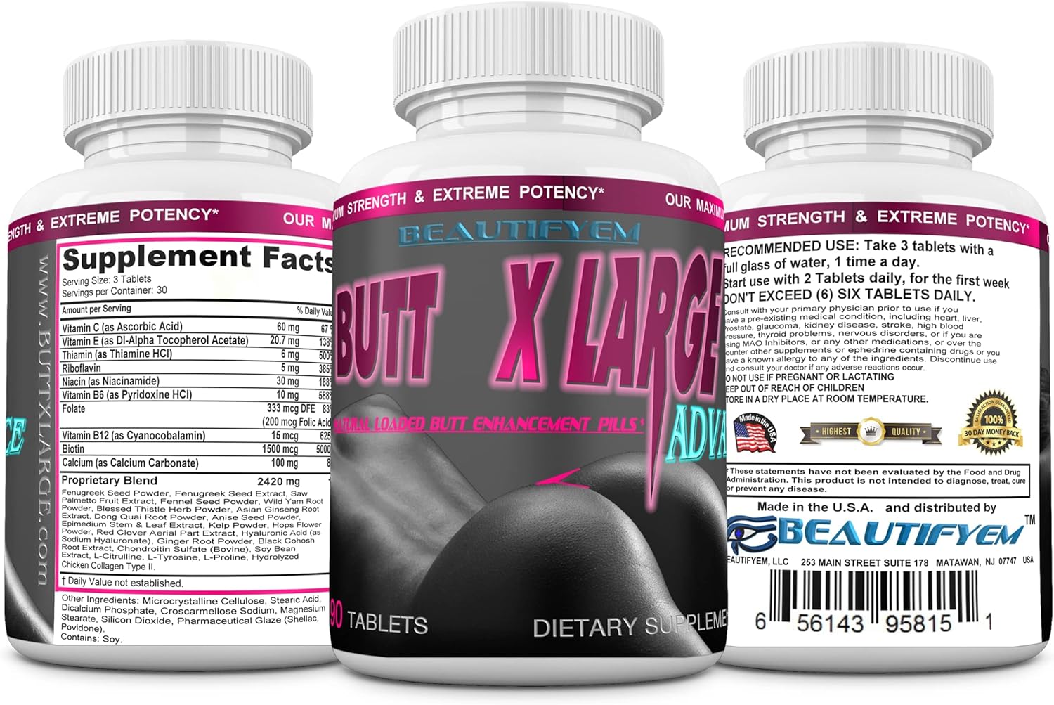 Butt X-Large Advance Butt Enlargement, Booty Enhancement. Butt Enhancer Pills. Fast Curved Bigger Glutes. 90 Tablets (Not a Butt Cream) : Health & Household