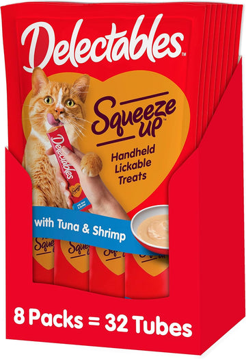 Hartz Delectables Squeeze Up Interactive Lickable Wet Cat Treats For Adult & Senior Cats, Tuna & Shrimp, 32 Count (Packaging May Vary)