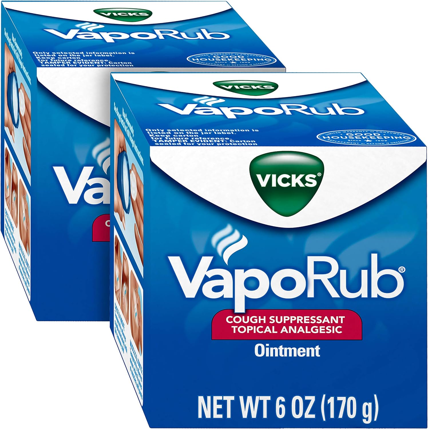 Vicks VapoRub, Original, Cough Suppressant, Topical Chest Rub & Analgesic Ointment, Medicated Vicks Vapors, Relief from Cough Due to Cold, Aches & Pains, 6 Oz (Pack of 2)