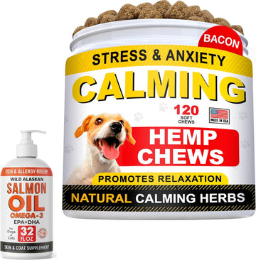 Hemp Calming Treats + Salmon Oil Omega 3 For Dogs Bundle - Anxiety Relief + Allergy Relief - Hemp Oil + Epa & Dha Fatty Acids - Stress Relief + Itch Relief, Shedding - 120 Chews + 32Oz - Made In Usa