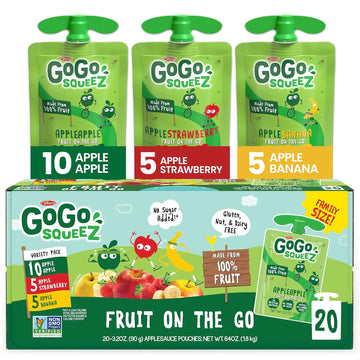 GoGo squeeZ Fruit on the Go Variety Pack, Apple, Banana & Strawberry, 3.2 oz (Pack of 20), Unsweetened Snacks for Kids,