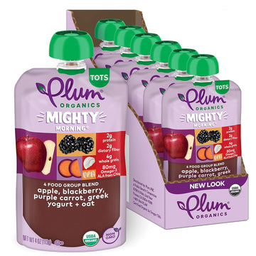 Plum Organics Mighty Morning Organic Toddler Food - Apple, Blackberry, Purple Carrot, Greek Yogurt, and Oat - 4 oz Pouch (Pack of 6) - Organic Fruit and Vegetable Toddler Food Pouch