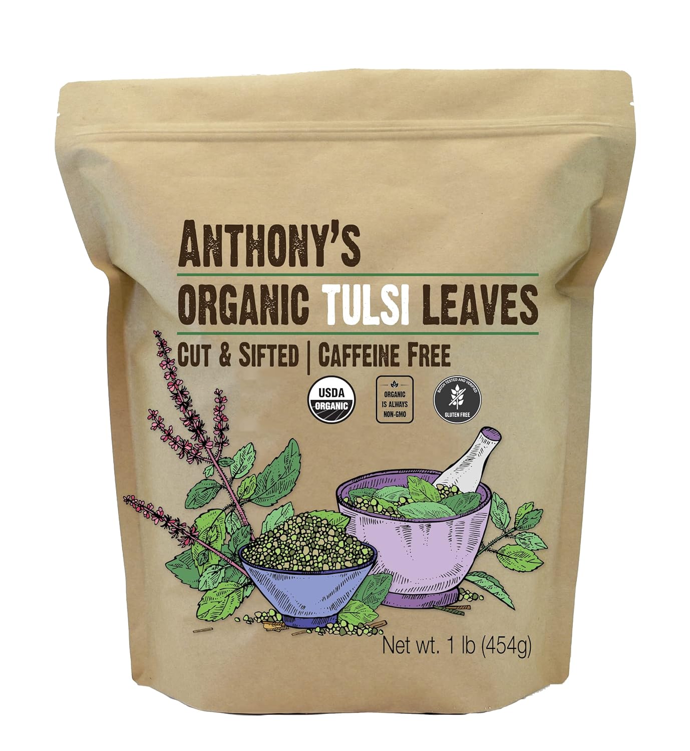 Anthony'S Organic Tulsi Leaves, 1 Lb, Gluten Free, Non Gmo, Caffeine Free, Loose Leaf