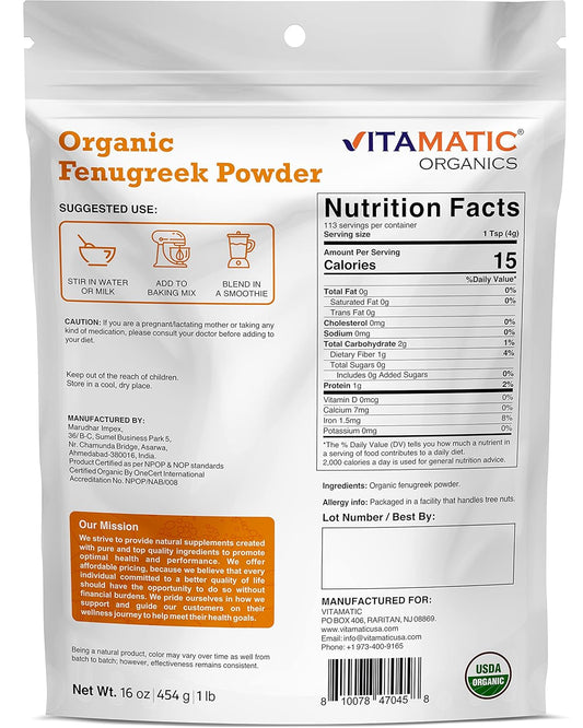 Vitamatic Certified USDA Organic Fenugreek 1 Pound (16 Ounce) (Powders)