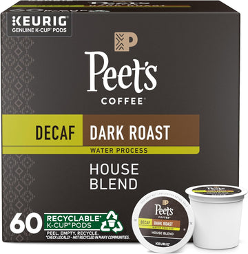 Peet's Coffee, Dark Roast Decaffeinated Coffee K-Cup Pods for Keurig Brewers - Decaf House Blend 60 Count (6 Boxes of 10 K-Cup Pods)
