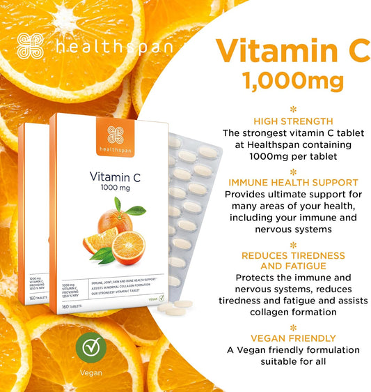Healthspan Vitamin C 1,000Mg (320 Tablets) | Support Your Immune Health | Reduces Tiredness & Fatigue And Supports Joint, Skin & Bone Health | Vegan
