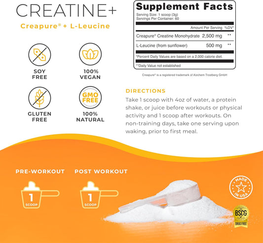 One Sol Creatine for Women Booty Gain, All Natural Women’s Creatine Powder w Creapure & Leucine, Increase Lean Muscle Mass, Reduce Recovery Time, Promotes Brain & Bone Health (Unflavored, 60 Servings)