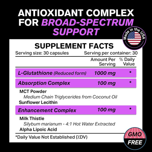 1000mg Glutathione for Immune Support - 100mg Absorption Complex - Reduced Liposomal Glutathione Supplement with Alpha Lipoic Acid - Brain Booster, Glowing Skin, Liver Support, 120 Vegetarian Capsules