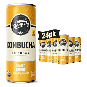 Liquid Remedy Kombucha Sugar Free Organic Drink, Low Calorie, Probiotic Like Tea For Gut Health - Ginger Lemon - 8.5 Fl Oz Can, 24-Pack