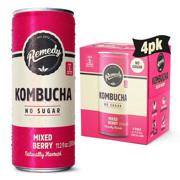 Remedy Kombucha Sugar Free Organic Drink, Low Calorie, Probiotic Like Tea For Gut Health - Mixed Berry - 11.2 Fl Oz Can, 4-Pack