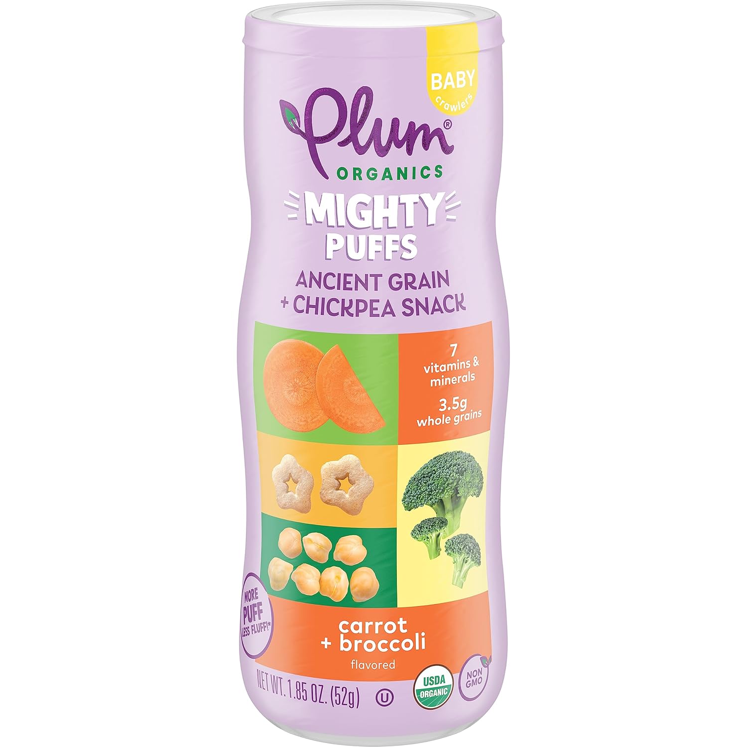 Plum Organics Mighty Puffs Organic Baby Food - Carrot And Broccoli - 1.85 Oz Canister - Ancient Grains And Chickpea Snacks