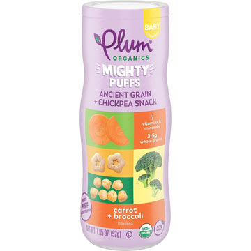Plum Organics Mighty Puffs Organic Baby Food - Carrot And Broccoli - 1.85 Oz Canister - Ancient Grains And Chickpea Snacks