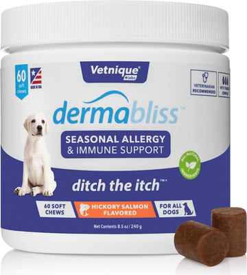 Vetnique Dermabliss Seasonal Dog Allergy Relief & Immune Support Supplement Allergy Chews for Dogs Itching and Licking with Omega 3 Fish Oil & Probiotics for Itch Relief - Vet Recommended (60ct Chews)