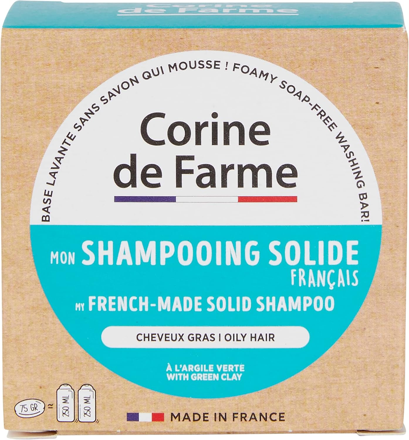 Corine De Farme, 04097301 Solid Shampoo For Oily Hair, Vegan, Purifying Green Clay Formula, Biodegradable Shampoo Made In France, Eco-Friendly And Zero Waste