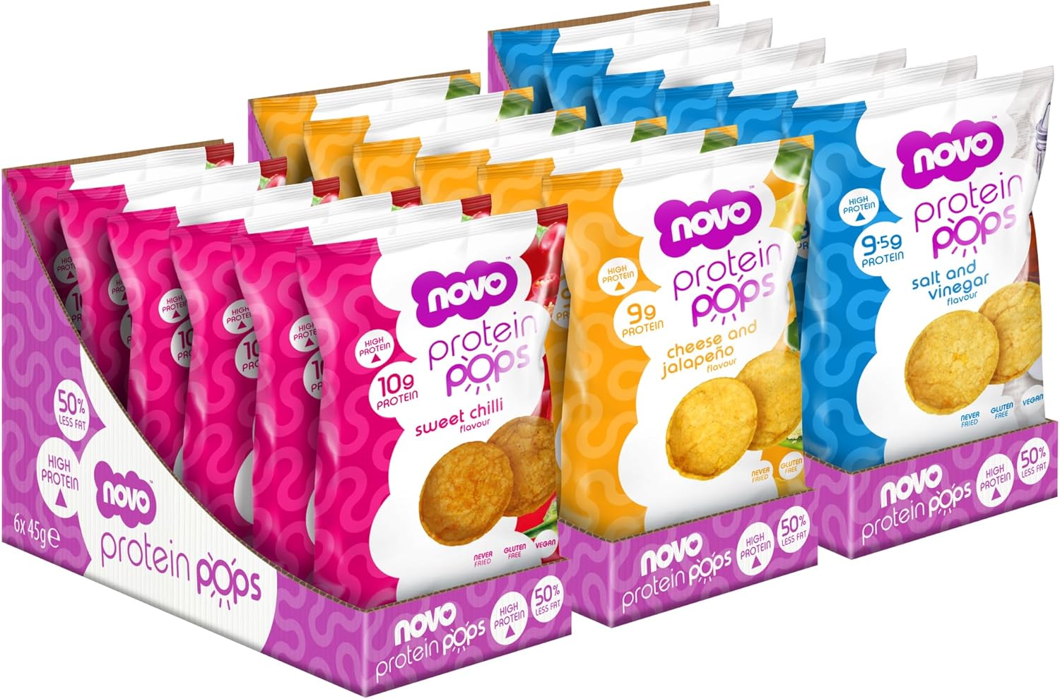 Novo Nutrition | Protein Pops | Healthy Savoury Snack With High Protein, Low Sugar And High Fibre | Pack Of 6 X 45G (Sweet Chilli)