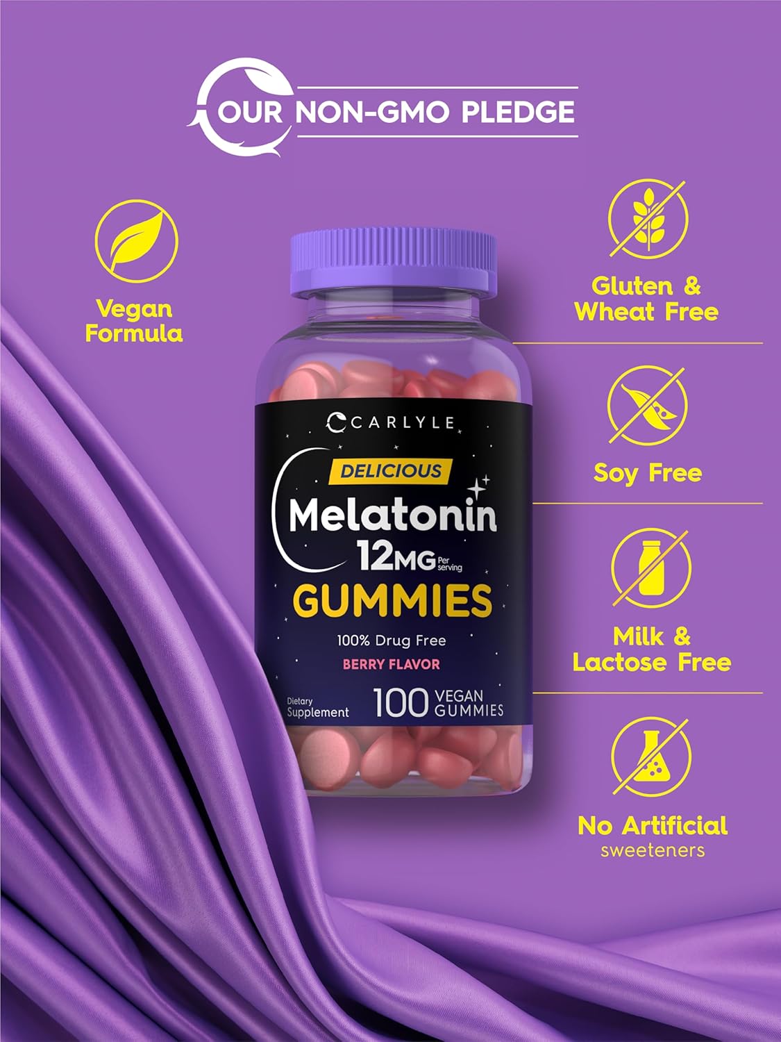 Carlyle Melatonin Gummies 12Mg | 100 Count | Berry Flavor | Vegan Supplement | Non-Gmo, Gluten Free : Health & Household