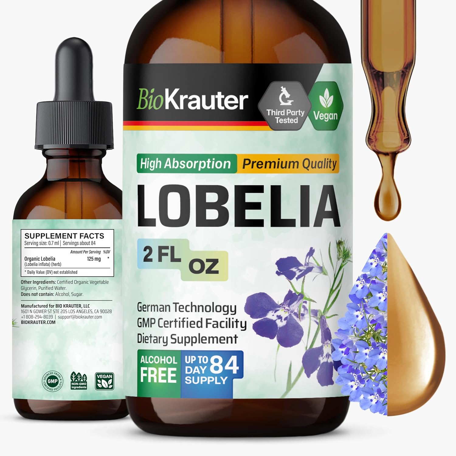 Bio Krauter Lobelia Tincture - Vegan Lobelia Extract - Alcohol & Sugar Free Respiratory Support Supplement - 4 Fl.Oz