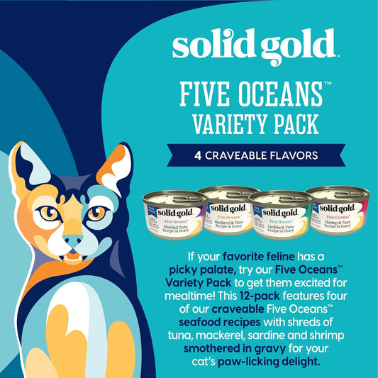 Solid Gold Wet Cat Food Shreds In Gravy - Canned Variety Pack Made W/Real Tuna - Five Oceans Grain Free - 12Ct/3Oz Can