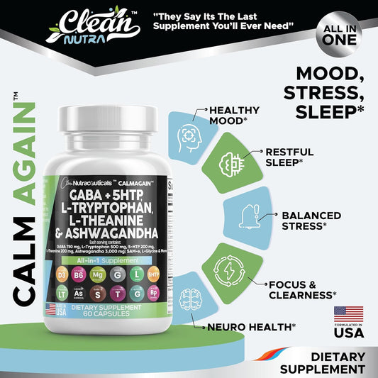Clean Nutraceuticals GABA 750mg 5 HTP 200mg L Tryptophan 500mg L Theanine 200mg Ashwagandha 3000mg SAM-e L-Glycine - Mood Support Vitamins for Women and Men with L-Tyrosine - Made in USA 60 Caps