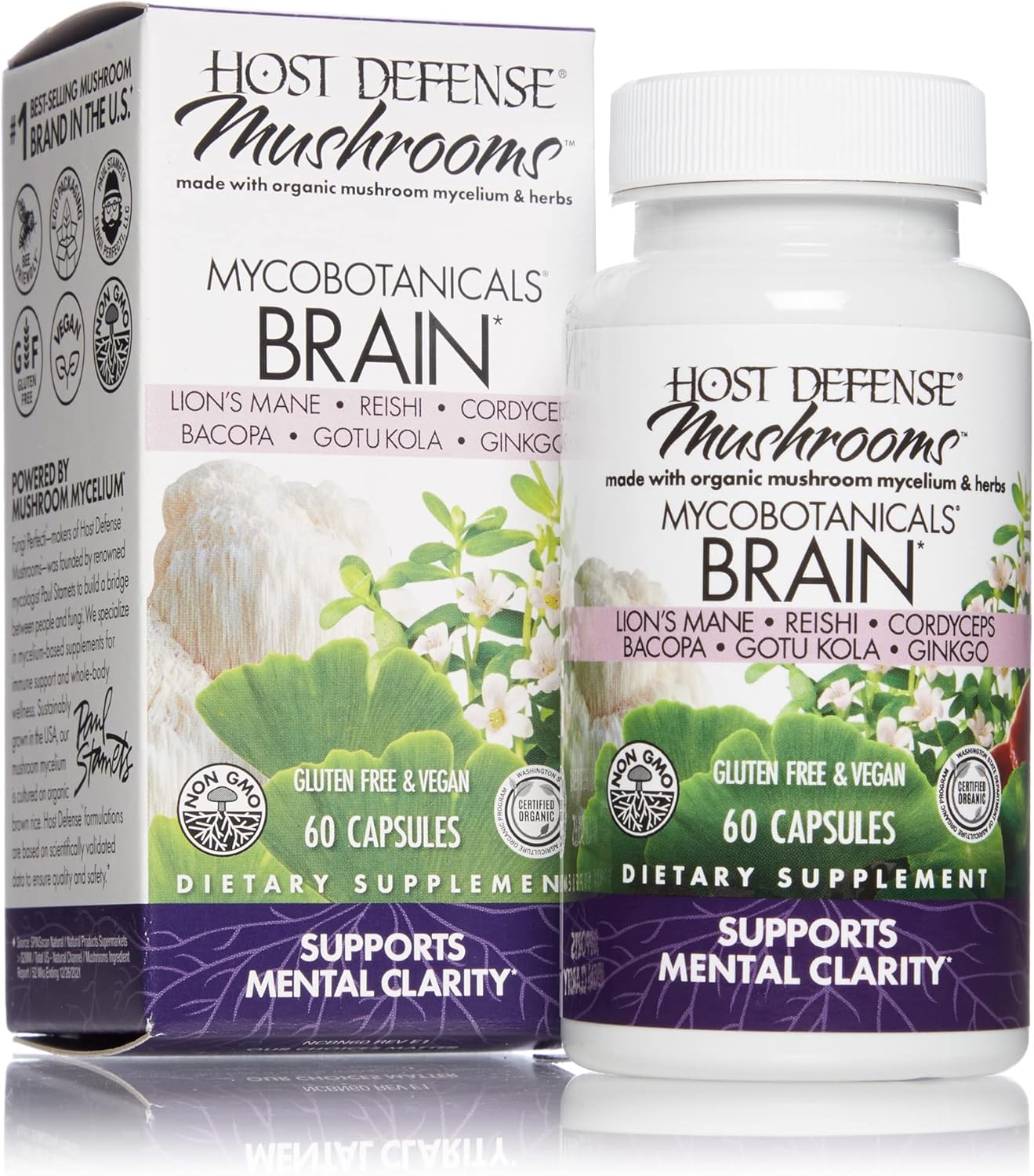 Host Defense, MycoBotanicals Brain Capsules, Promotes Concentration, Memory and Cognitive Function, Mushroom and Herb Supplement, Unavored, 60 Count (Pack of 1)