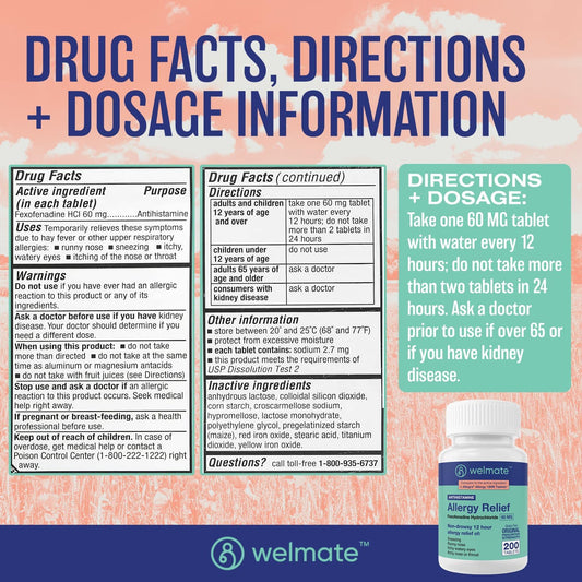 Welmate Allergy Relief | Fexofenadine Hcl 60 Mg Non-Drowsy Antihistamine | 200 Count Tablets | 12 Hour All Day Support