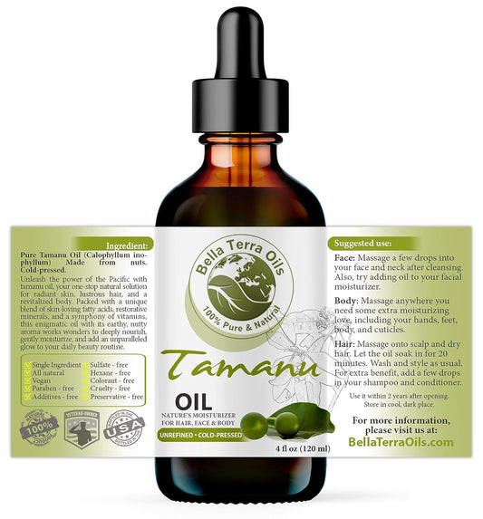 Bella Terra Oils - Organic Tamanu Oil 4oz - Cold-Pressed & Pure, Packed with Antioxidants & Beneficial Nutrients, Achieve Silky Smooth Skin Naturally