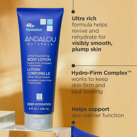 Andalou Naturals Body Lotion, Deep Hydration Lotion For Dry Skin, Ultra-Nourishing Skin Care With Hyaluronic Acid & Ceramides, Body Cream For Softer, More Supple & Glowing Skin, 8 Fl Oz