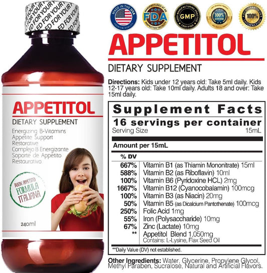 Appetitol Appetite-Weight Gain. Natural Appetite and Weight Gain Stimulant for Underweight Children Fortified with Vitamins B1,B2,B3,B5,B6,B12,Folic Acid , Iron, Zinc, Flax Seed Oil. ( 8 Fl Oz)