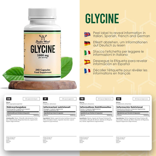 Double Wood Glycine Supplement | 240 High Strength Glycine Capsules - 1000Mg Per Serving | Amino Acid Supplement | Non-Gmo & Gluten | Manufactured In The Uk
