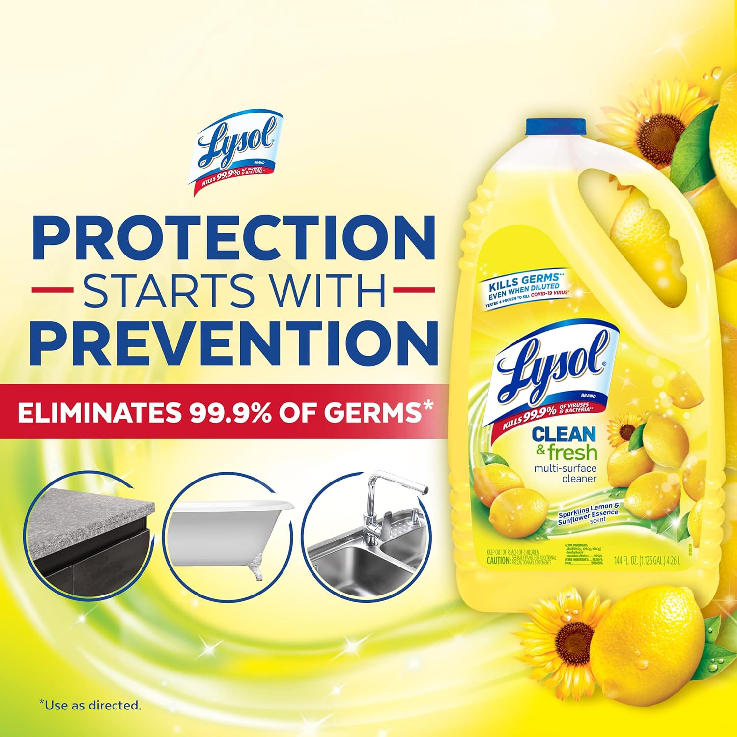 Lysol Multi-Surface Cleaner, Sanitizing And Disinfecting Pour, To Clean And Deodorize, Sparkling Lemon & Sunflower Essence, 144 Fl Oz